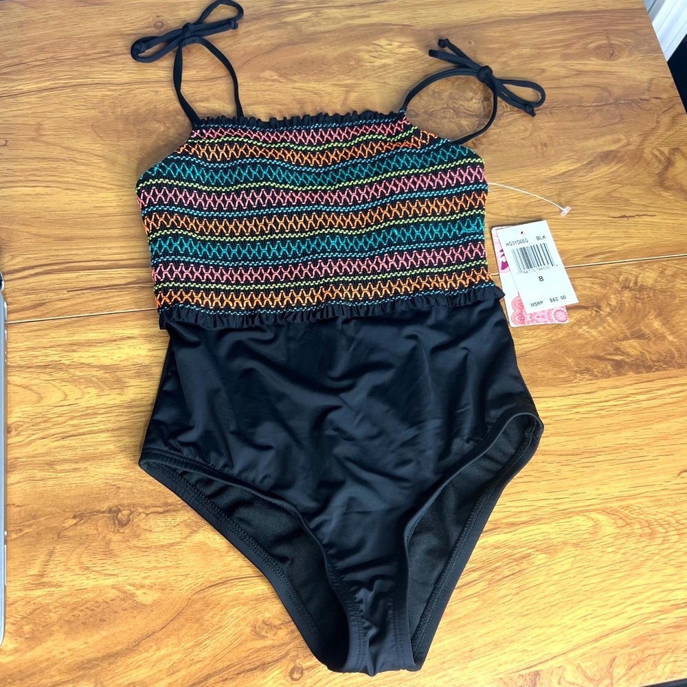 Hobie Girls One Piece Swimsuit Sz 8 Black Smocked Embroidered NWT